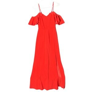 TRAC SMALL Red Cold Shoulder Maxi Dress Ruffle V-Neck High Slit Formal‎ Gown